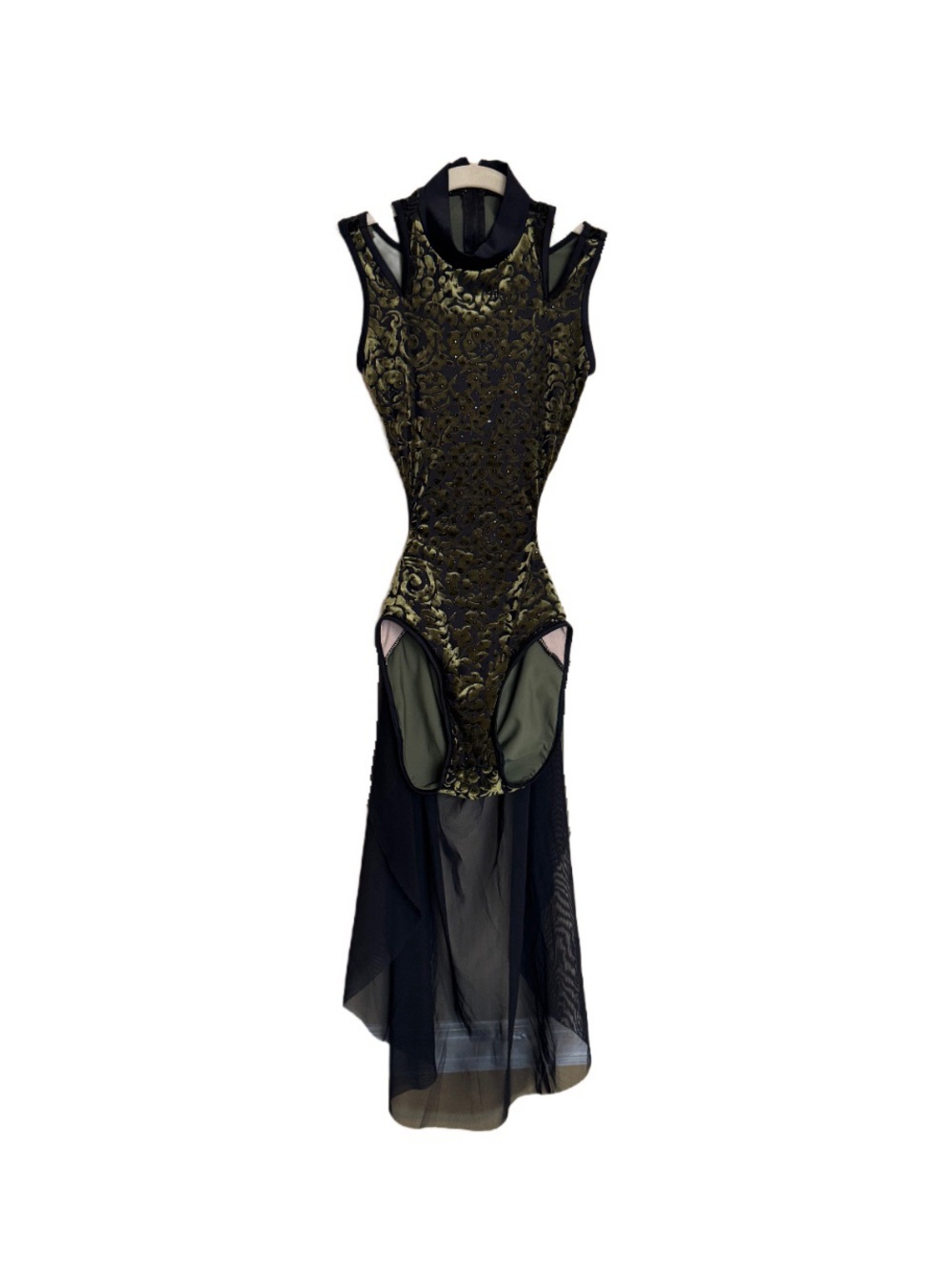 Weissman Dance Costume Size LC Black Green Beaded Mock Neck Open Back